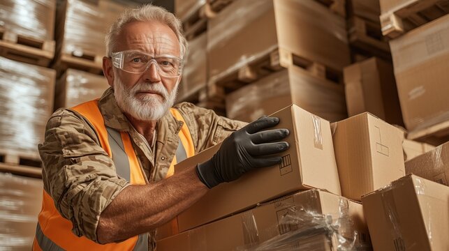experienced male worker, dressed in an orange safety vest with gloves and glasses, is arranging cardboard boxes in a warehouse filled with stacked pallets during the day