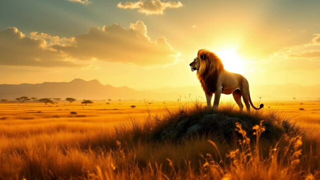Majestic Lion Standing on a Hilltop at Sunset