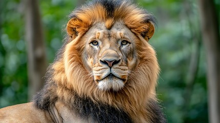 Obraz premium Majestic lion portrait, forest backdrop