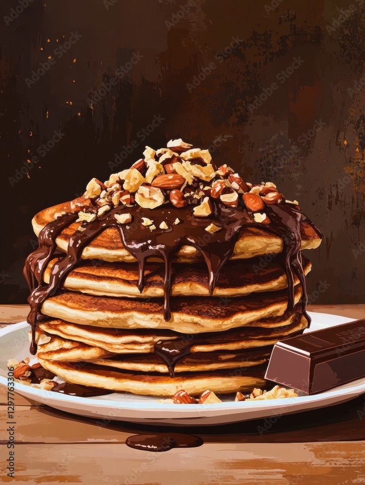 Poster stack of delicious pancakes topped with chocolate and nuts on a wooden table in a cozy kitchen. gene