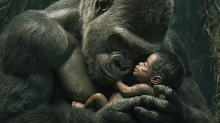 Obraz premium A mother gorilla tenderly holds her baby in a lush jungle setting.
