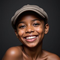 Joyful Smiling African American Boy with Cap: Captured Portrait of a Young Child Exuding Happiness with a Warm Smile Against a Dark Background