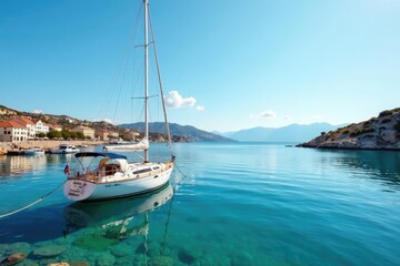 Obraz premium Sailboat anchored in the bay near Bastia's picturesque harbor, sea, boat, anchor