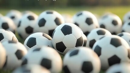 Many Soccer Balls on Grass Field