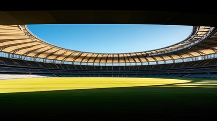 Empty Modern Stadium with Green Field and Sunlit Roof