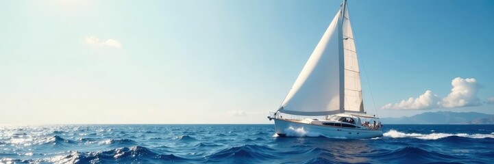 Sailboat with billowing white sails in Mediterranean wind, waves, yacht, sea
