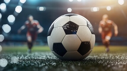 Fototapeta premium Soccer Ball on Wet Grass with Blurred Players in Background.