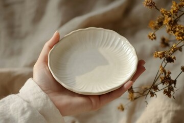 Small White Ceramic Plate Is Held Gently In A Hand