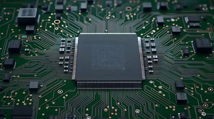 Close Up View Of A Green Circuit Board With Microchip At The Center