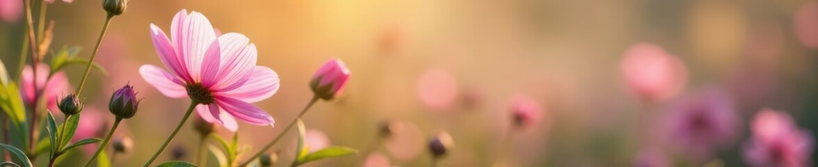 Fototapeta premium Soft pink petals swaying gently in the breeze, flowers, blooming flowers, wildflowers