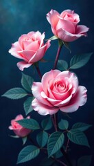 Fototapeta premium Soft pink rose petals on dark blue background, flowers, painting, roses