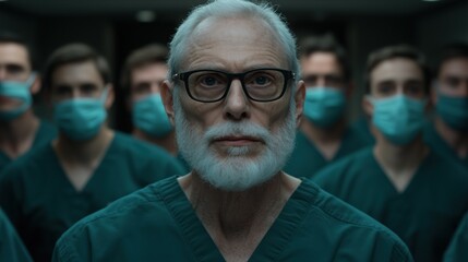 group of medical professionals in scrubs and masks stands in a dimly lit surgical theater, focusing intensely on their leader, a seasoned surgeon with glasses and a beard