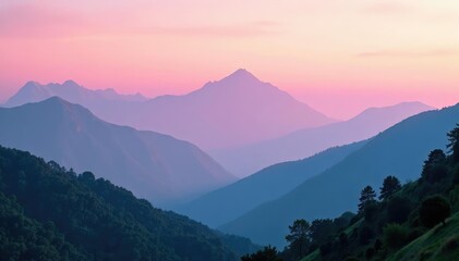 Soft pink sunrise filters misty mountain peaks, mist, greenery, hills