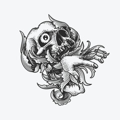 Skull and hand. Hand drawn vector illustration in tattoo style

