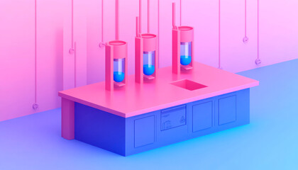 Colorful laboratory setup with glass containers and vibrant lighting.