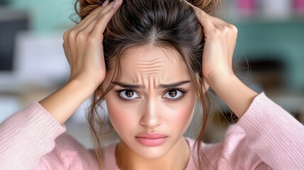 Fototapeta premium young woman sits in a well-lit indoor environment showing signs of frustration. Her hands grip her hair as she looks directly at the viewer, indicating stress and concern