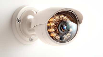 security camera is affixed to a wall, showcasing its sleek design with LED lights surrounding the lens. modern technology indicates a focus on safety and surveillance