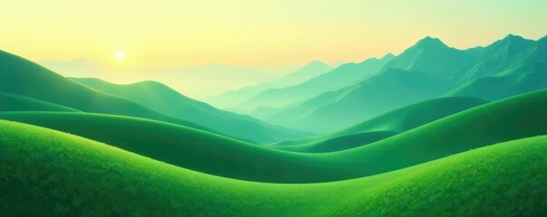 Obraz premium Soft wavy gradient stripes of green hues fade into misty mountains at dawn, wavy gradients, serene environment