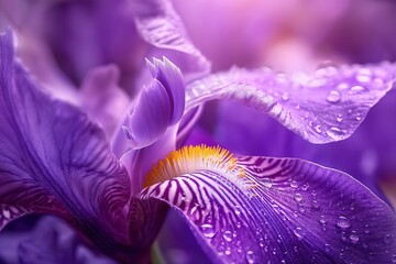 Close-up of a beautiful purple iris flower with water droplets highlighting intricate petals and striking natural colors in soft light. Macro flower photography background concept.
