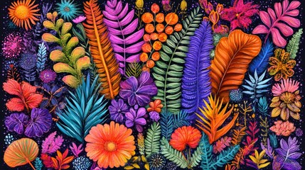 Vibrant otherworldly floral garden fantasy with colorful flora and fantastical foliage creating a captivating and whimsical design