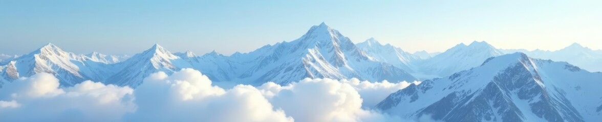 Obraz premium Soft white clouds drift lazily above snow-capped mountain peaks, serene mountain vistas soft white clouds, cloud formations over mountains, snowy peaks towering high