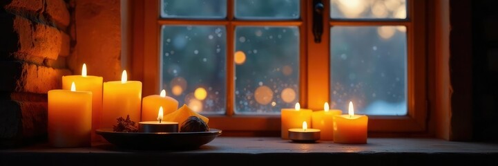 Warm candlelight flickers through frosted glass, glow, window