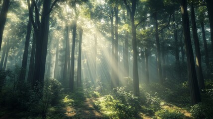 Fototapeta premium Sunlight penetrates the tranquility of the forest
