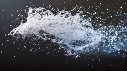 of a soap bubble bursting, with water droplets scattering in mid-air 