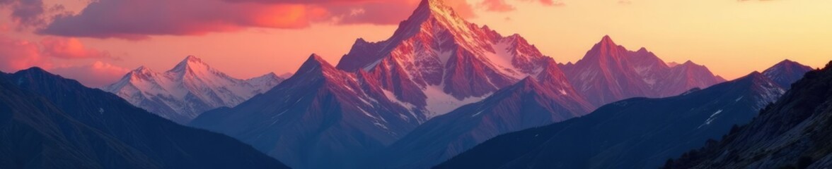 Fototapeta premium Warm orange hues on rugged mountain peaks at dusk, landscape, rocks, colors