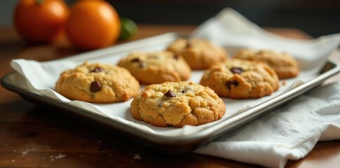 Warm spices fill the air as a tray of baked cookies cools on a white kitchen towel, warm aromas, kitchen towel, baking sheet