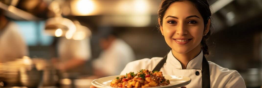A Smiling South Asian Female Chef in Her Late 20s Presents a Delicious Dish in a Modern Restaurant Kitchen, Showcasing Culinary Skills and Passion for Cooking