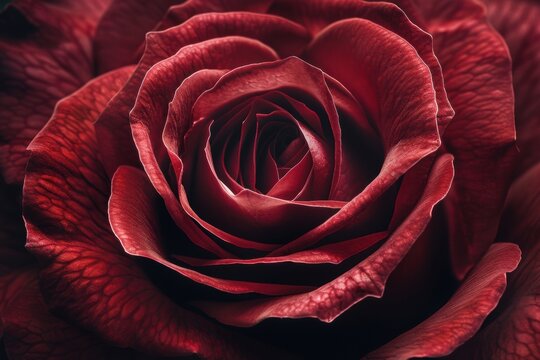 Close-up of a red rose with intricate petals and rich texture, highlighting nature's beauty and elegance in floral photography. Macro flower background concept. - Powered by Adobe