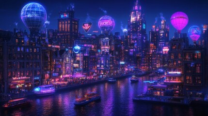 Naklejka premium Futuristic urban landscape illuminated by glowing orbs a vibrant cityscape featuring fantastical architecture and river reflections at night