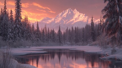 Obraz premium Idyllic winter landscape with snowy mountain peaks reflection in frozen lake at sunset creating a picturesque scene of tranquility