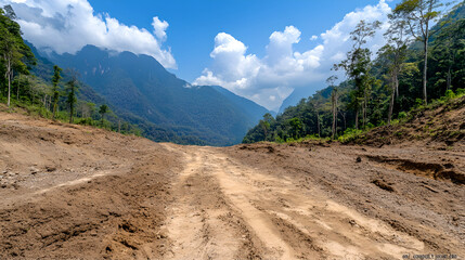 Cleared path through lush tropical mountains under a sunny sky.