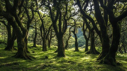 Obraz premium hidden rain tree grove deep in the forest, with moss covering the trunks and branches, and dappled sunlight filtering through the thick canopy