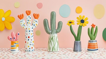 Vibrant handmade cactus floral display set against cheerful confetti backdrop offering creative botanical whimsy and lively summer vibes
