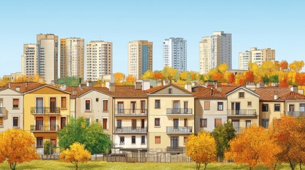 Obraz premium Autumnal cityscapes with charming houses and towering buildings under a tranquil blue sky offer a captivating visual synergy