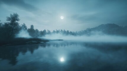 Fototapeta premium Mystical lunar landscape, Reflecting moonlight on a tranquil misty lake