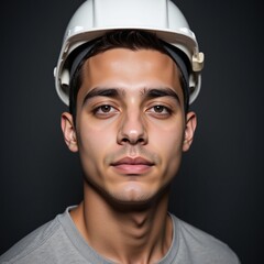 Fototapeta premium Portrait of a Young Adult Male Construction Worker Wearing a White Hard Hat, Showcasing Professionalism and Determination in a Studio Setting