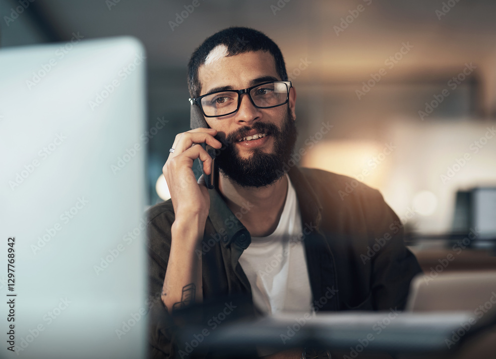 Aufkleber Man, computer or phone call for graphic design in office for project deadline or client networking. Night, freelancer and designer talking on technology for startup feedback, web review or research