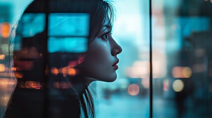 Woman looking out of a window with a city reflection in the glass.