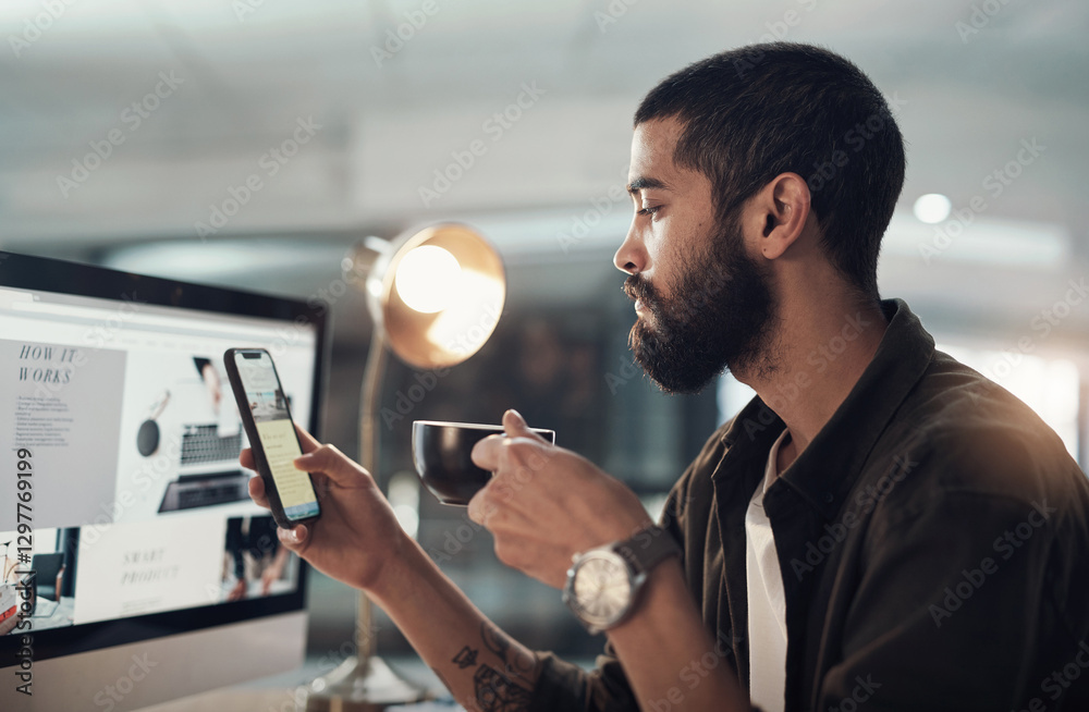 Poster computer screen, coffee and man on mobile in office on overtime at night in creative startup. phone,