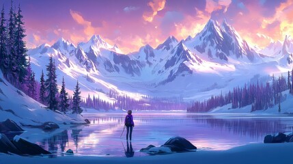 Enchanting winter vista snowy mountain peaks reflecting serene icy lake wanderer gazing at breathtaking frozen scenery dusk glow