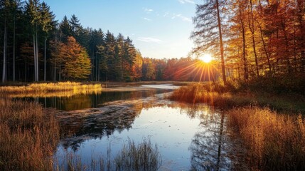 Fototapeta premium Sun setting over a tranquil lake surrounded by autumn trees.