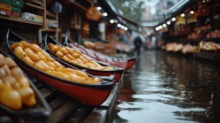 Obraz premium Rainy market, mangoes in canoes, flooded street