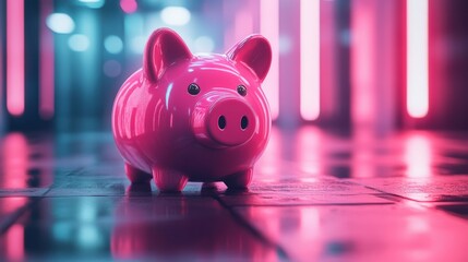 A Pink Piggy Bank Displayed in a Colorfully Lit Atmosphere: A Symbol of Saving and Financial Planning Enhancement with a Modern Twist