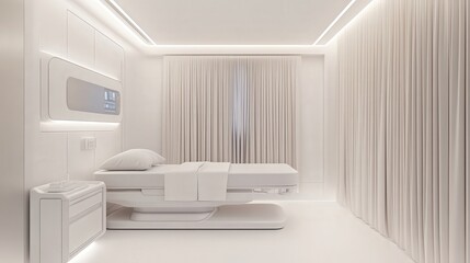 hospital room with seamless automation, a floating bed design, hidden storage compartments, and soft-touch satin curtains.