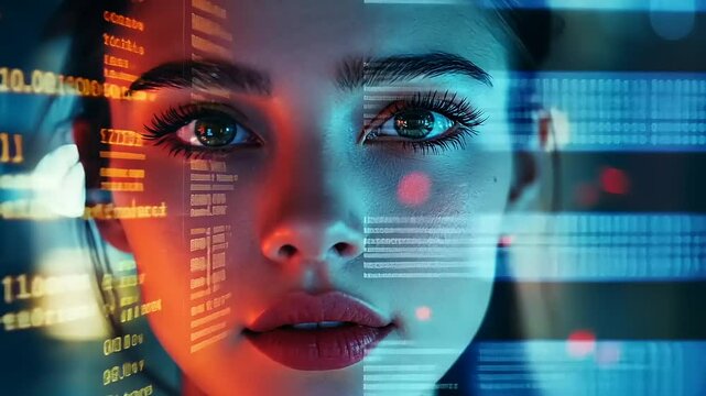 Close-up portrait of a woman with digital code overlay, illuminated in a futuristic setting