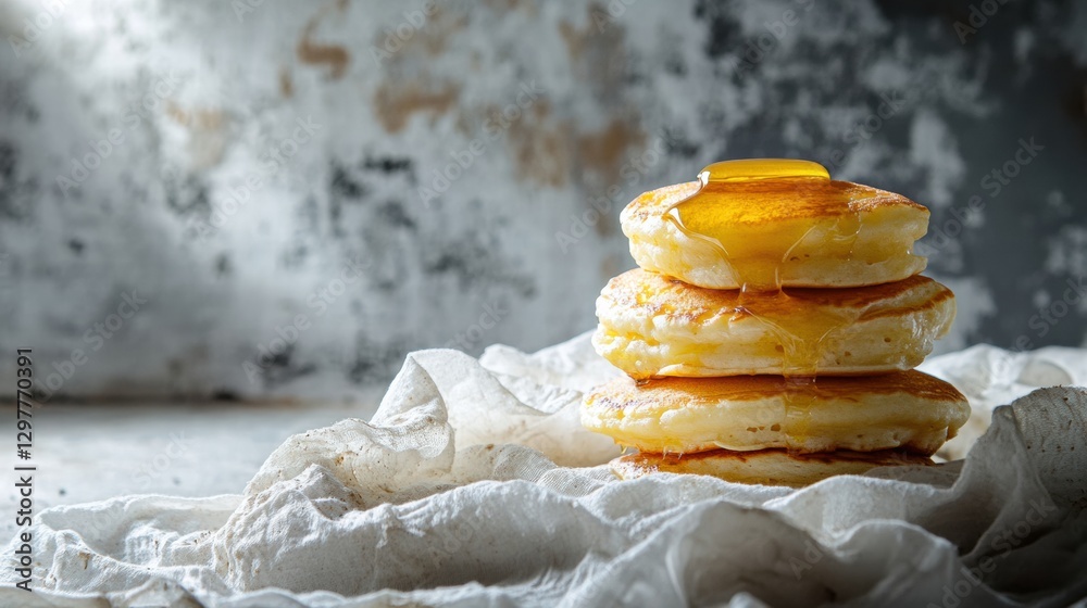 Leinwandbilder delicious stack of fluffy pancakes drizzled with syrup on a rustic backdrop. generative ai